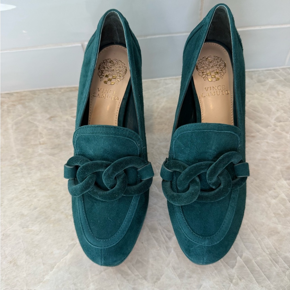 Vince Camuto Teal Suede Chain-Link Loafers